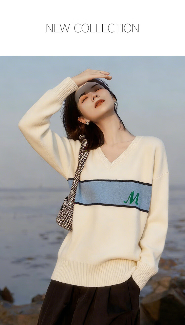 MT Warm Soft Yarn Spring Simple Colorblock Jacquard V-Neck Loose Knit Sweater for Women 1