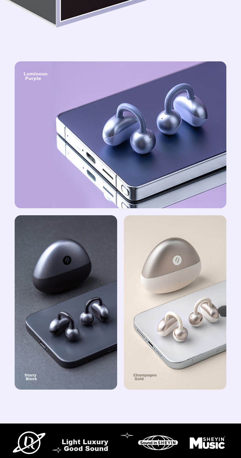 SHEYIN S5 Clip-On Bluetooth Earphones Open Air Conduction Non-In-Ear Sport Earhook Long-Wear Comfortable Compatible with Apple Huawei Phones Champagne Gold 23
