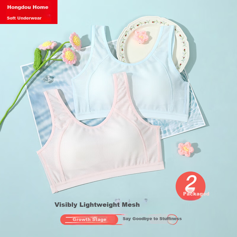 Hodohome Girls' Underwear Development Stage 2 Class A Mesh Breathable Student Wireless Bra 2-Pack 050 A75
