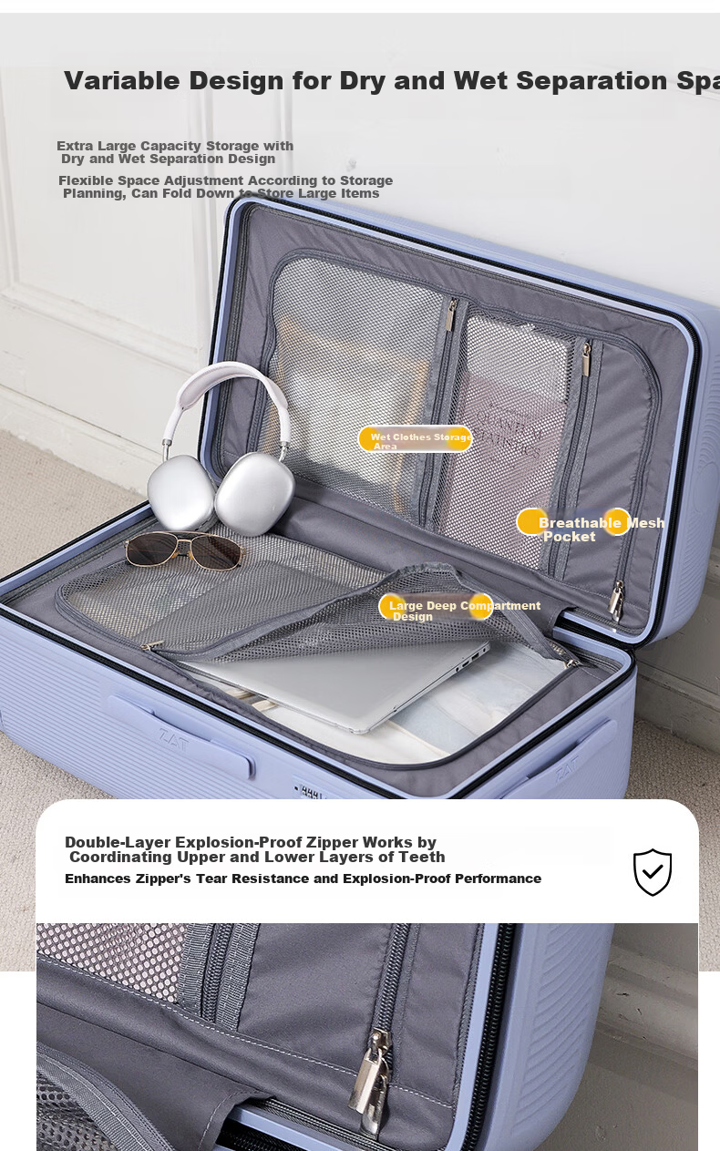 ZAT Innovative Plastic Frame Luggage Zipper Trolley Large Capacity Travel Suitcase Sit-able Password Lock Soft Matte White 24 Inch 10