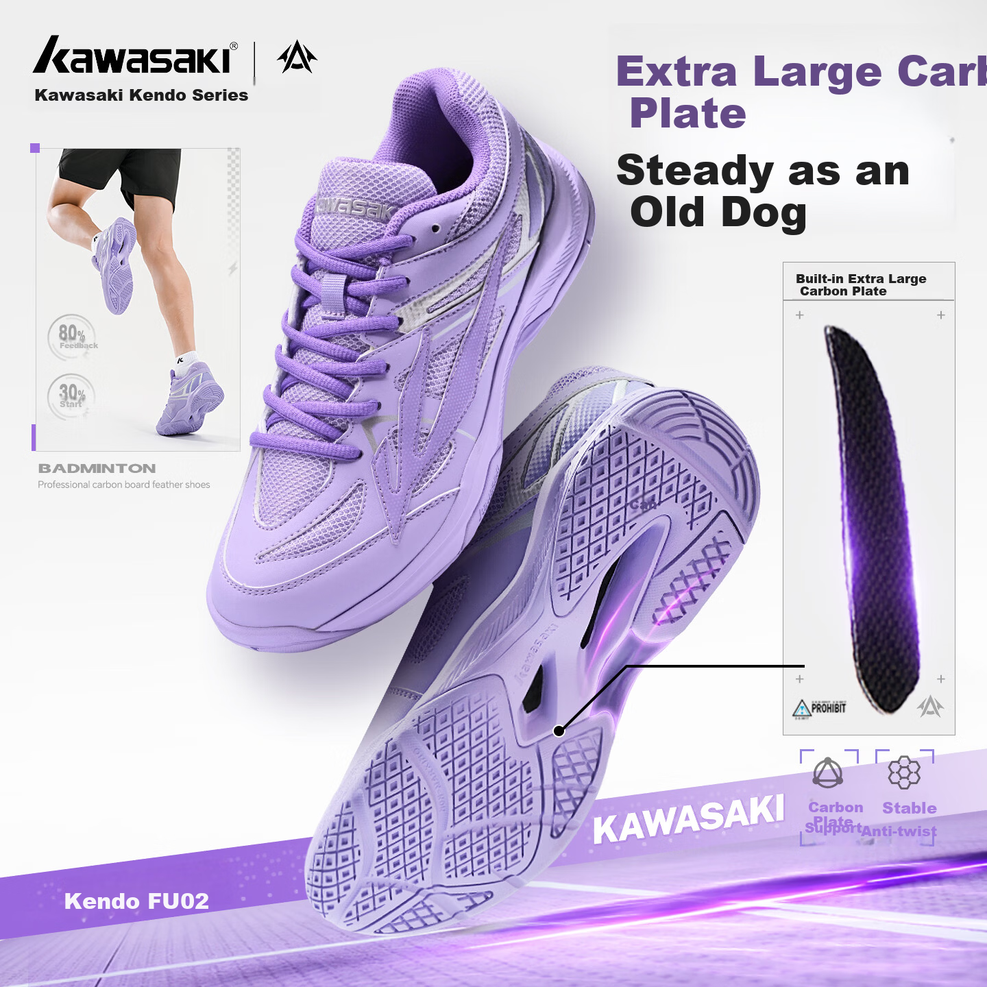 KAWASAKI Unisex Professional Carbon Plate Badminton Shoes Non-Slip Shock Absorption Indoor All-Purpose Training and Competition Sneakers