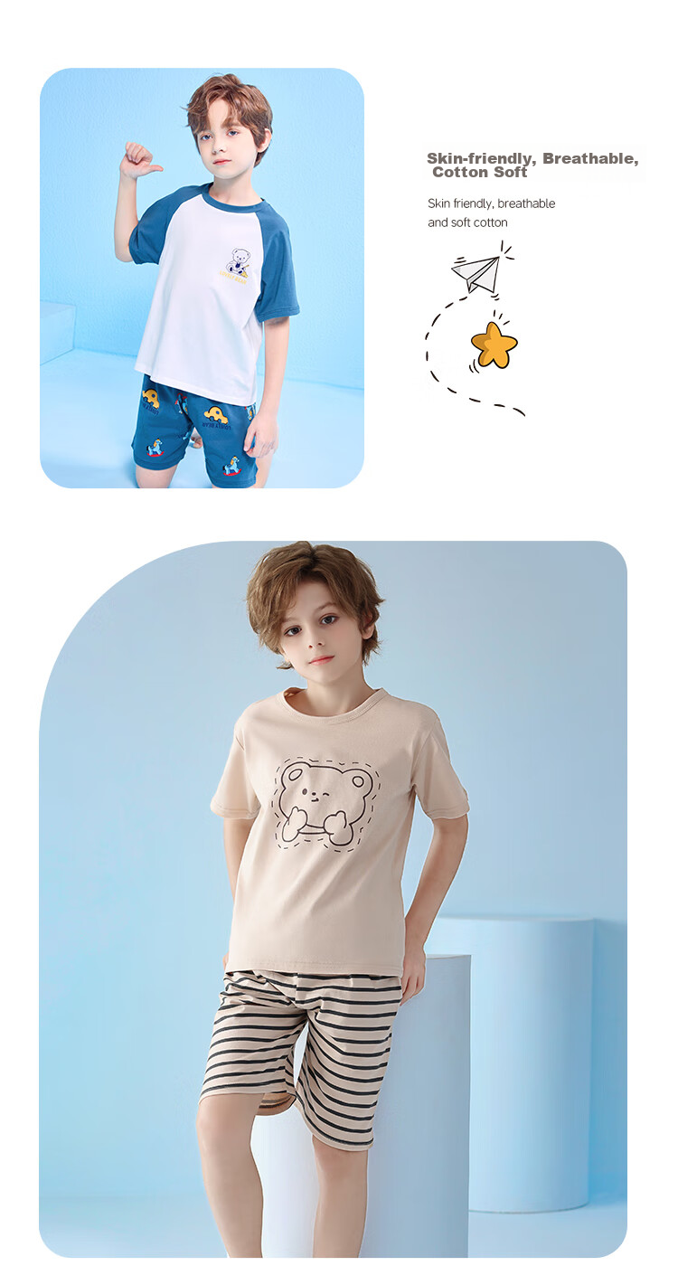 Nanjiren [Clearance Sale] Children's Pajamas for Boys, Summer Thin Cotton Sleepwear Set, for Older Kids 12