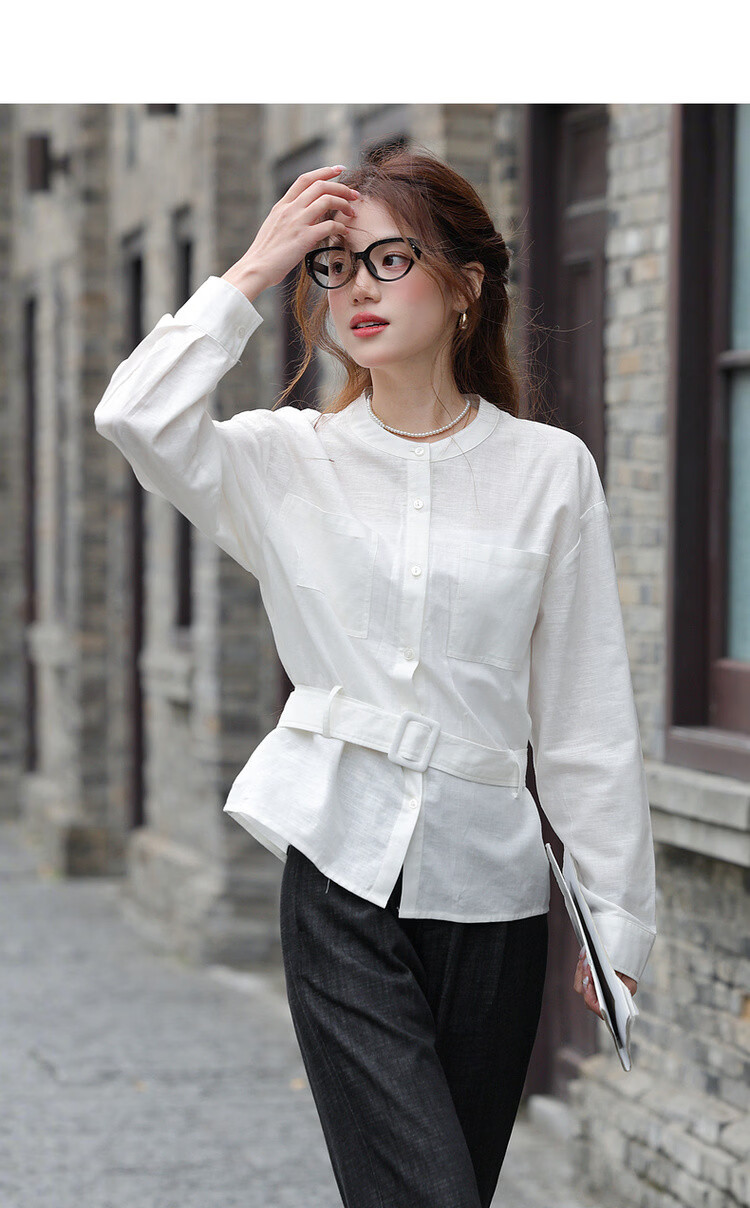 Mt Breathable Cotton-Linen Spring Adjustable Waistband Round Neck Mid-Length Loose Shirt Women's Top 5