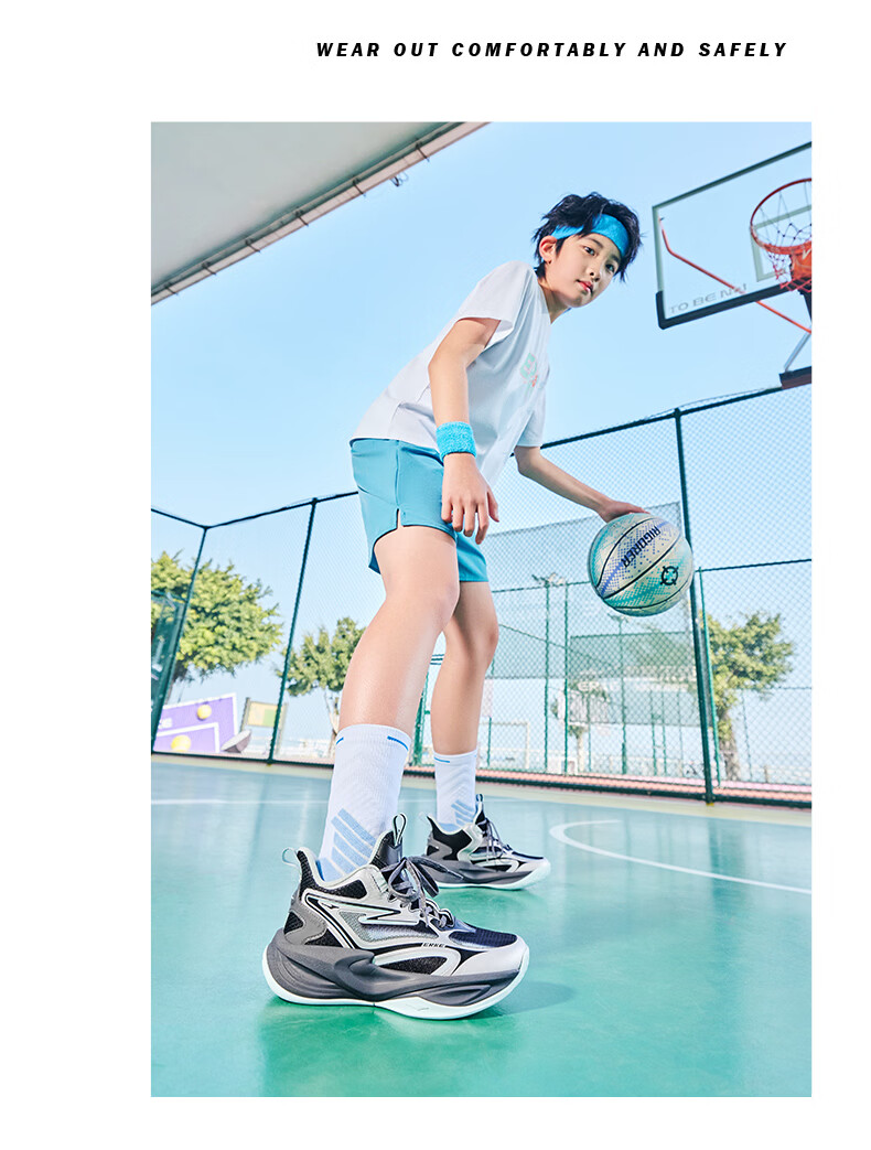 ERKE Kids Unisex Breathable Mesh Cushioning Basketball Shoes Lace-up Durable Sneakers Black/Silver Size 39 26