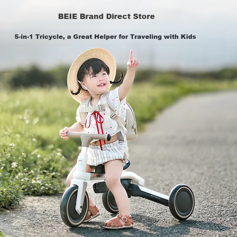 BEIESTATE M5 Kids Tricycle 1-5 Years Multifunctional Baby Stroller with Push Handle Beige Khaki