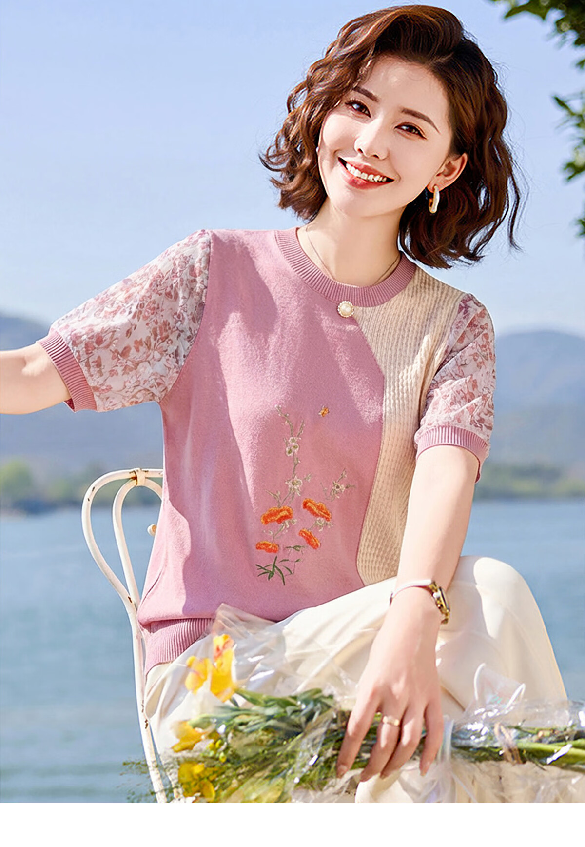 Yuzhaolin Summer Middle-Aged and Elderly Women's Mid-Sleeve Knitted Chiffon T-Shirt for Moms Age 40-50 Y52T160 10