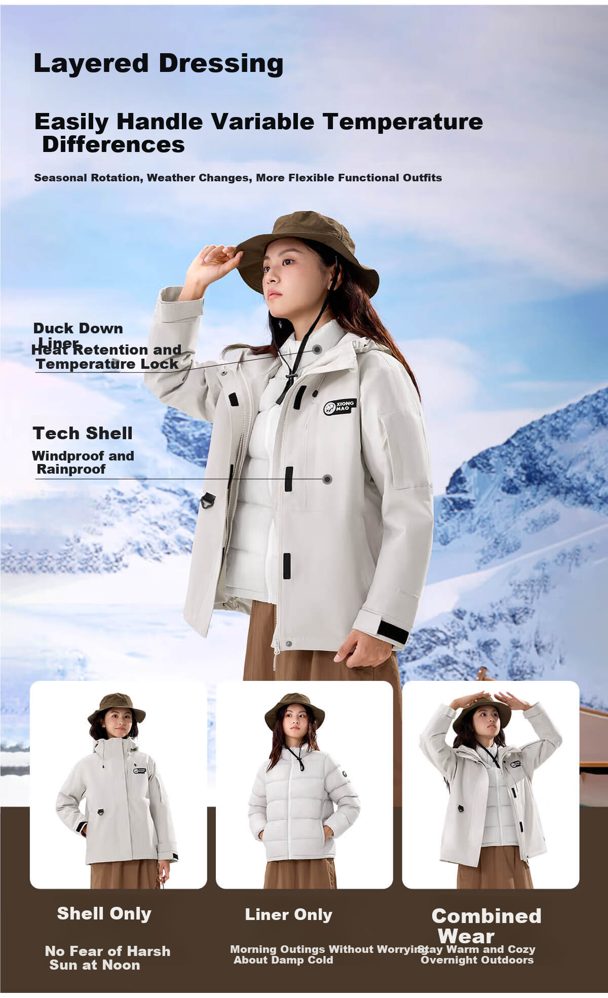 Panda Camel Series Outdoor Three-in-One Waterproof Windproof Thermal Mountaineering Jacket with Down Liner, Men's M 11