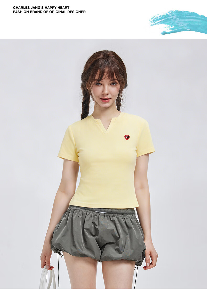 Charles Peach Heart Summer Simple Love Logo Women's V-Neck Short Sleeve T-Shirt Loose Waist Slim Casual Yellow S 7