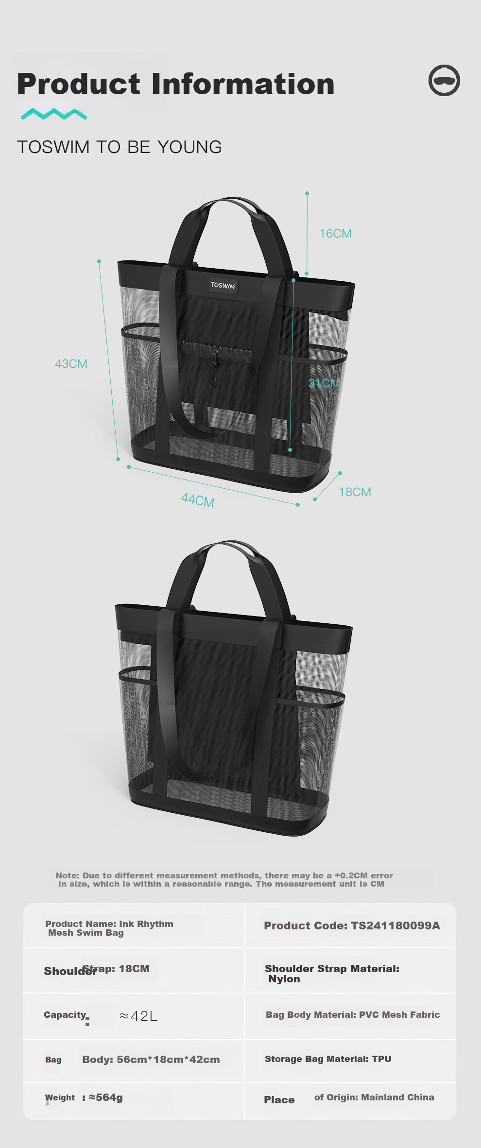 TOSWIM Large Capacity Swimming Dry and Wet Separation Sports Fitness Shoulder Beach Bag Ink Rhythm Mesh 10