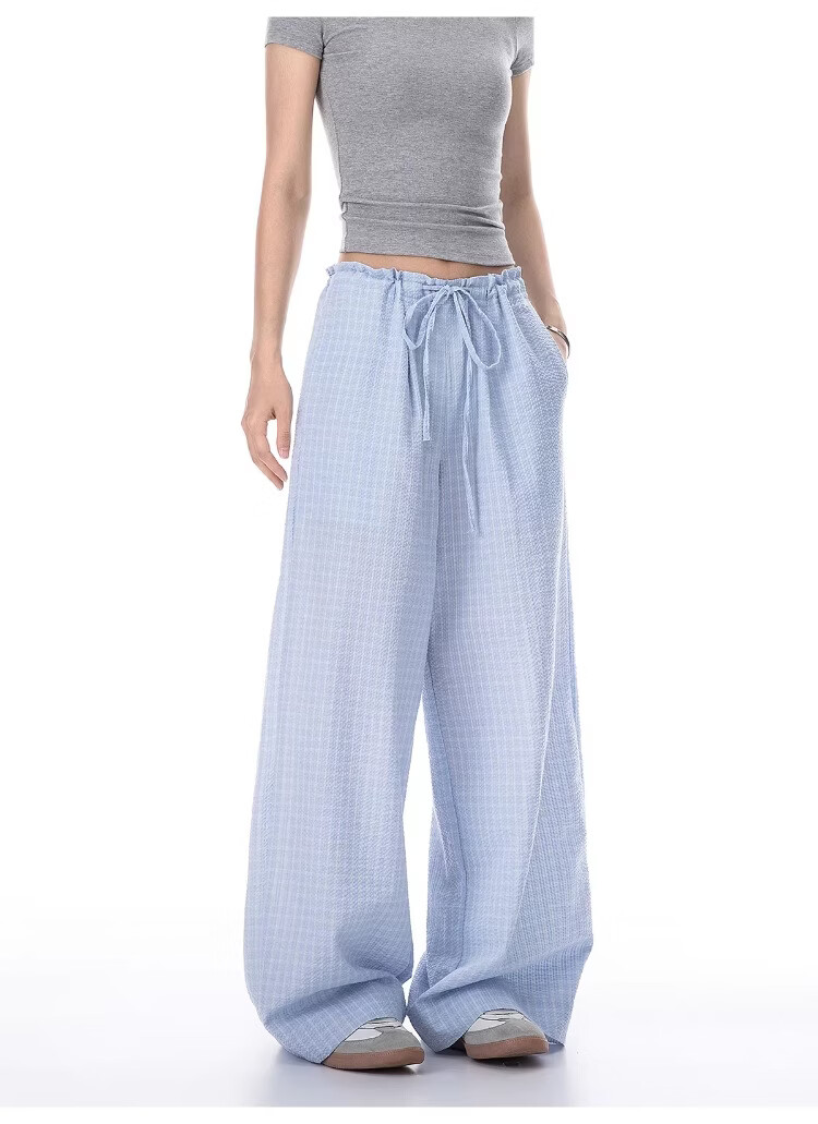ICH MODE Women's American Style Plaid Summer Loose Wide-Leg Straight-Leg Sports Casual Pants Black XL 6