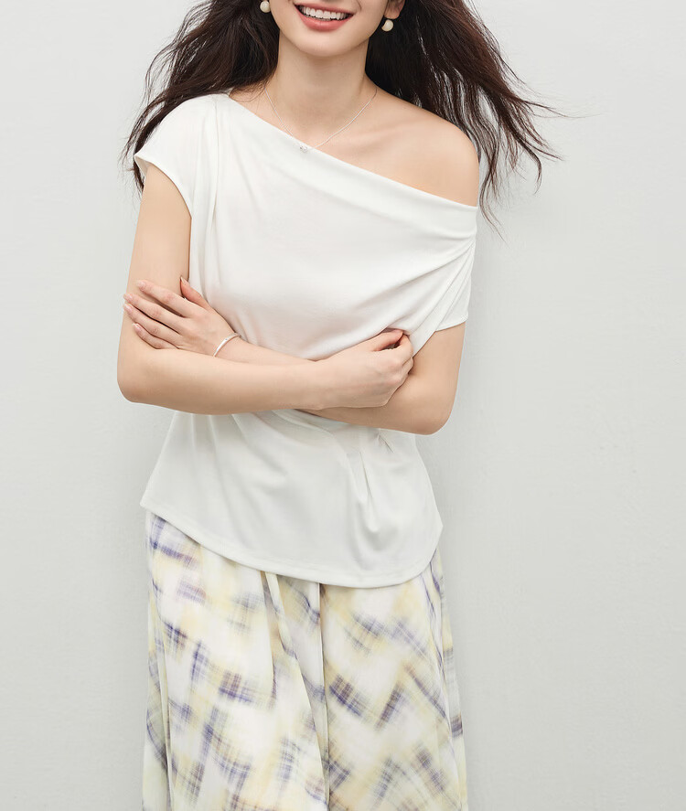Shangdu Bila Lenzing Tencel Casual T-Shirt for Women Spring Summer Design Off-Shoulder Slimming Pleated Knitwear 14