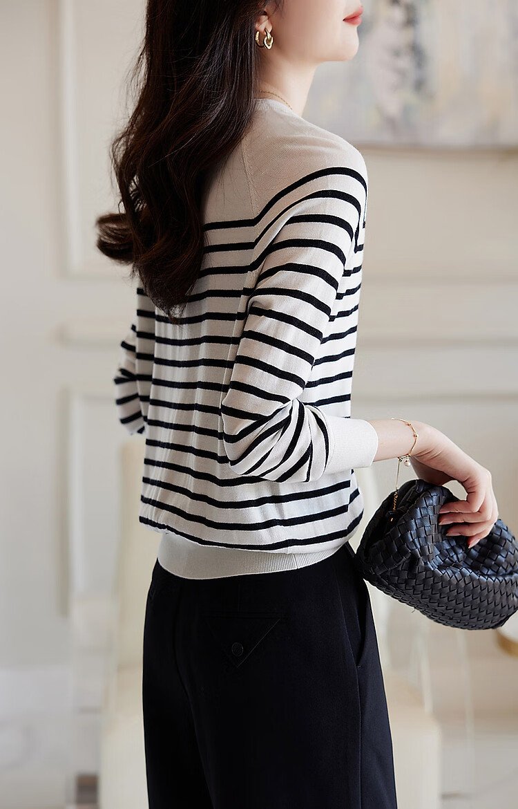 Demana Japanese Style Artistic Commuter Spring Autumn Colorblock Striped Round Neck Slimming Knit Sweater 39