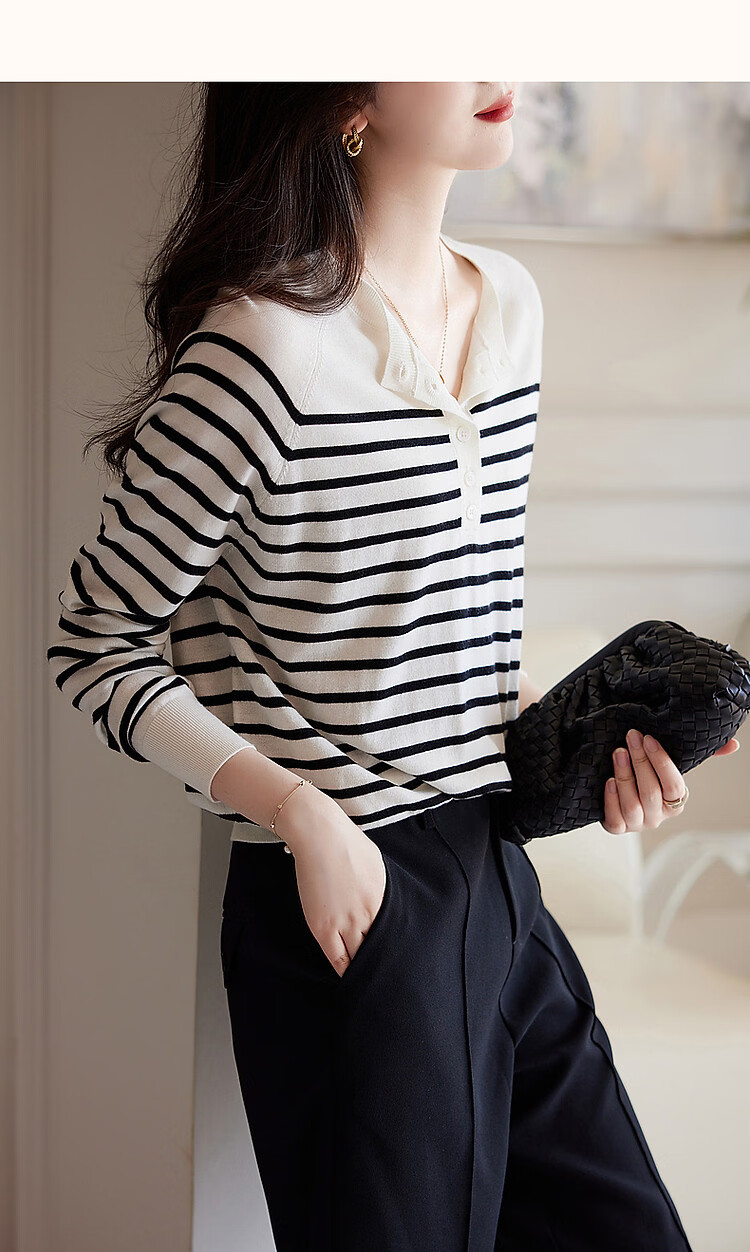 Demana Japanese Style Artistic Commuter Spring Autumn Colorblock Striped Round Neck Slimming Knit Sweater 42