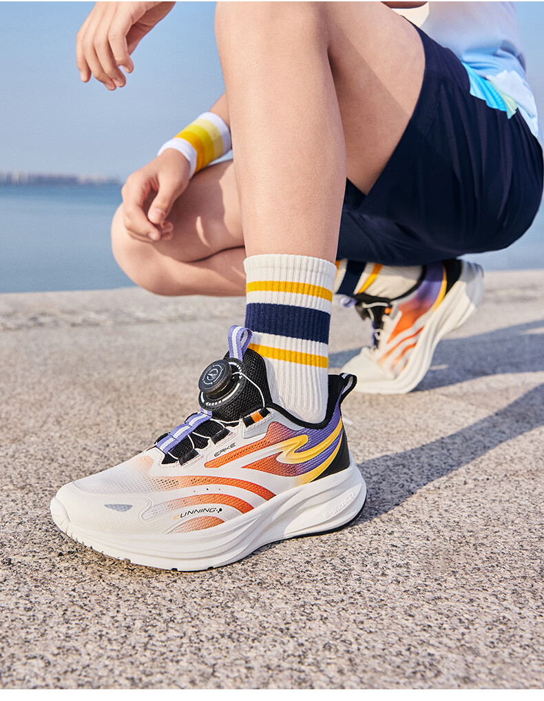 ERKE Kids Unisex Shock-Absorbing Sports Shoes Children's Dial Buckle Lightweight Running Shoes White/Summer Coconut Blue Size 36 26