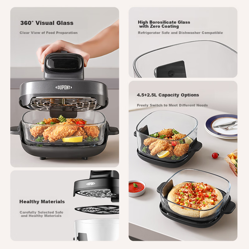 DU PONT Air Fryer 2026 New Model High Borosilicate Glass 0 Coating Visible Multifunctional Electric Fryer Non-stick Easy Clean Electric Oven Fryer and Roaster 4.5L No Flip
