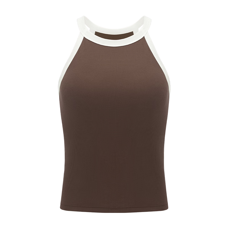 Half-Lined Cooling Padded Halter Tank Top for Women Slim Fit with Built-in Bra Pad Dark Chocolate Black S