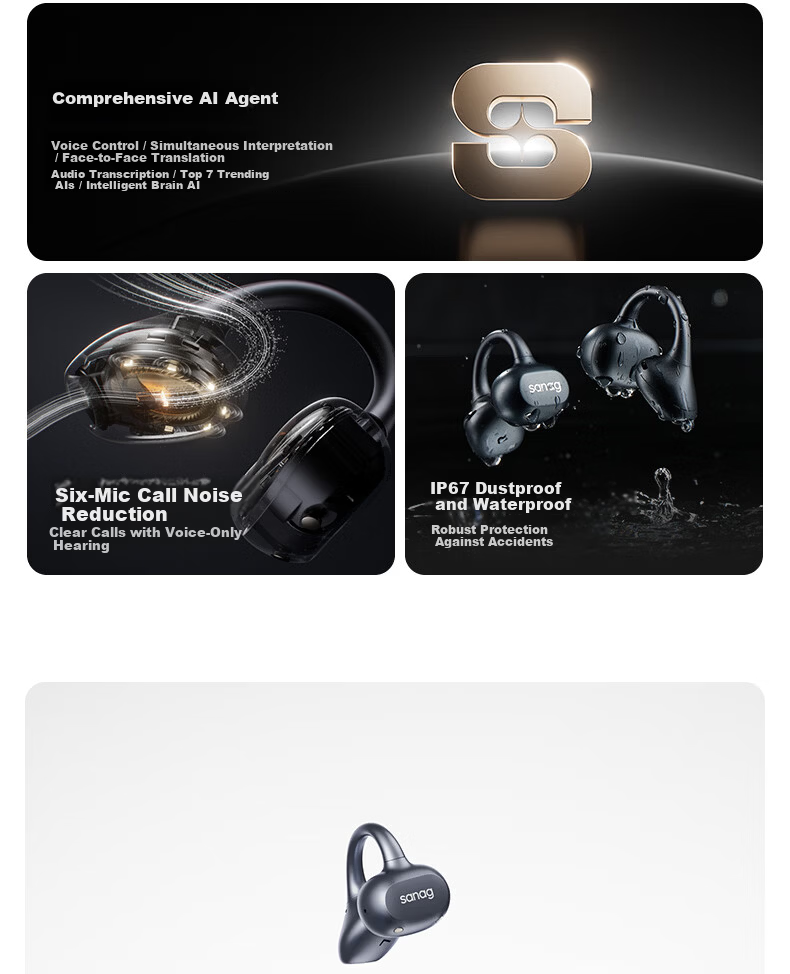 SANAG Sena ANC Clip-on True Wireless Bluetooth Earbuds Active Noise Cancelling Earphones Lossless Sound Quality Long Battery Life Translator Gift for Elders and Partners 5