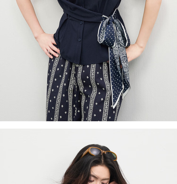Shangdu Bila Linen Tencel Commuter Shirt Women Spring Summer Printed Tie Pleated Waist Slimming Blouse Turn-down Collar Top 19
