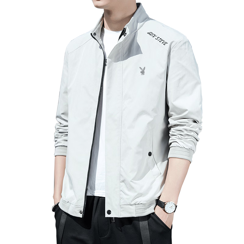 PLAYBOY Men's Jacket, Spring And Autumn Casual Stand-Collar Trendy Outerwear, Khaki Color, Size 3XL