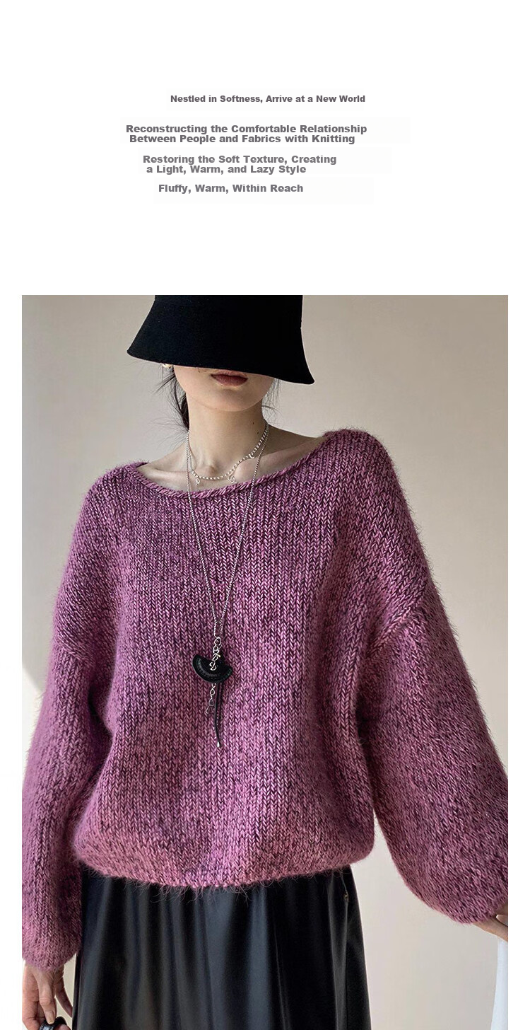 Demana Women's Winter Sweet Style Round Neck Loose Fit Cozy Petite Knit Sweater with Fluffy Wool 2