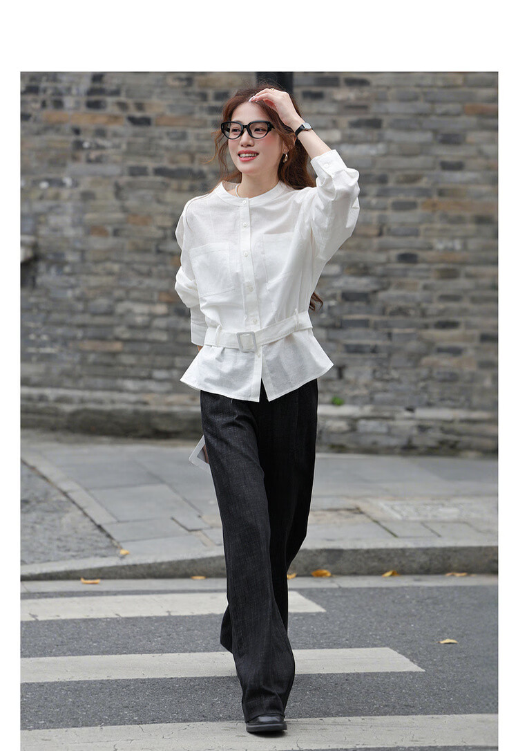 Mt Breathable Cotton-Linen Spring Adjustable Waistband Round Neck Mid-Length Loose Shirt Women's Top 3