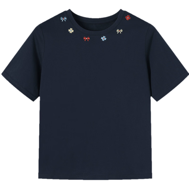TonLion 2026 Summer New Women's Short Sleeve T-Shirt Round Neck Navy Blue Pure Cotton Unique Design Shoulder Top Trend