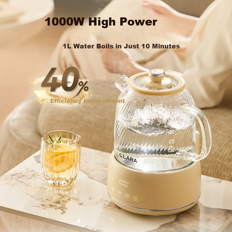CLARA Health Pot 2026 New Full Glass 1.6L Flower Tea Kettle Constant Temperature Large Capacity Household Tea Maker Electric Kettle Dry Burn Protection [1.6L Standard Model]