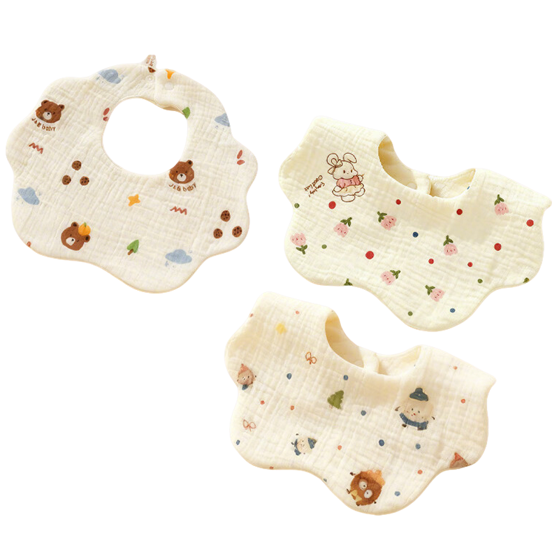 DOCTOR MA Baby Drool Bibs, 3 Pieces, Pure Cotton Printed Bibs, 360° Rotating Food Bibs for Infants, Newborn Gauze Bibs