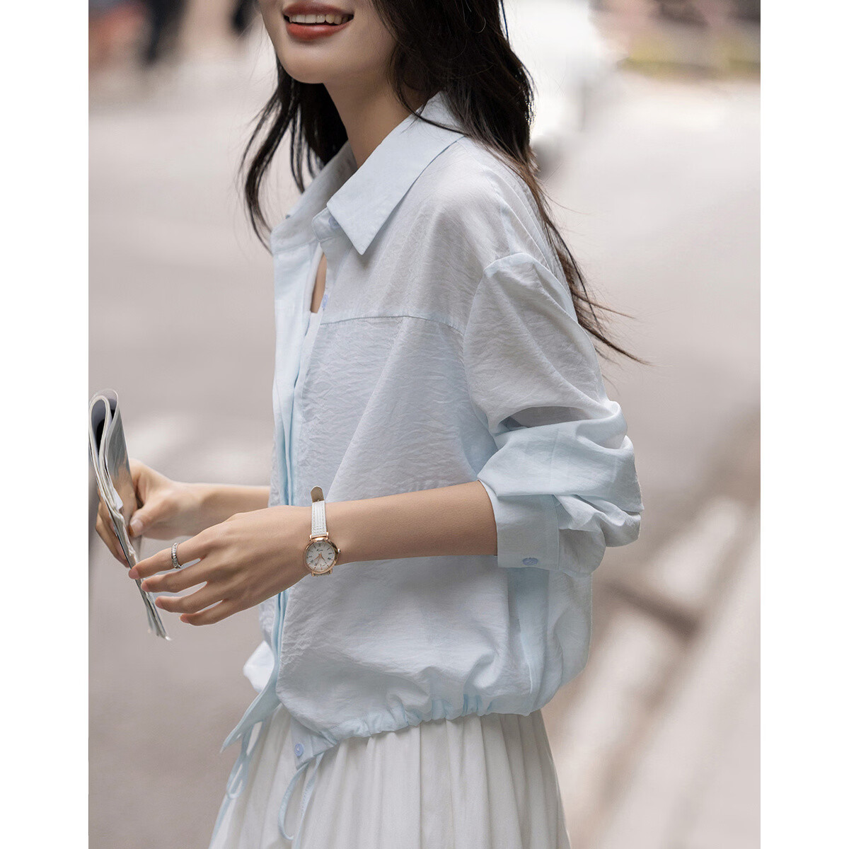 Demana Intellectual Spring Lapel Drop Shoulder Shirt with Drawstring Small Size Women's Top