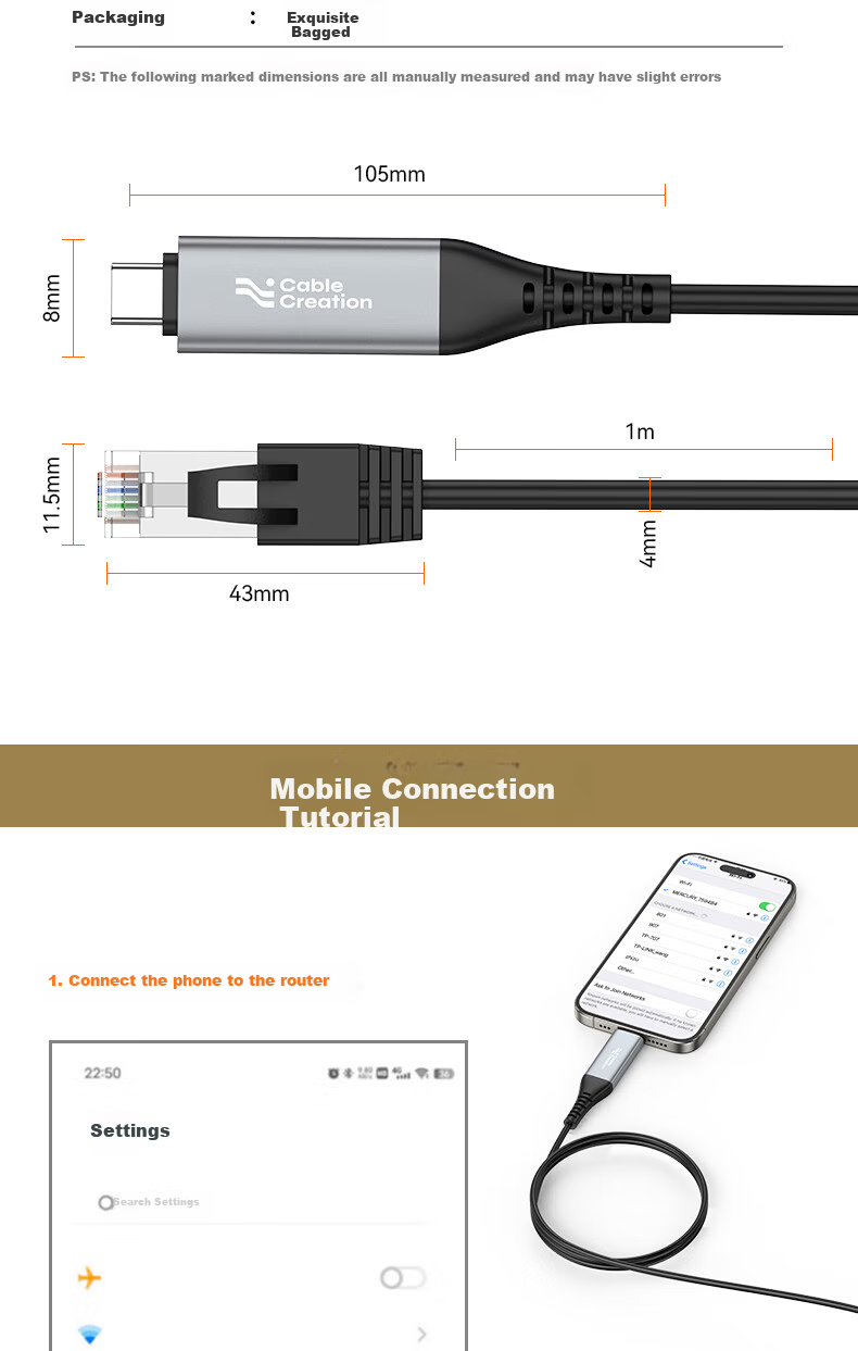 CABLE CREATION Type-C to RJ45 Gigabit Ethernet Cable High-Speed Direct Network Adapter for Smartphones, Laptops, Tablets, Router Connection, 1 Meter 9