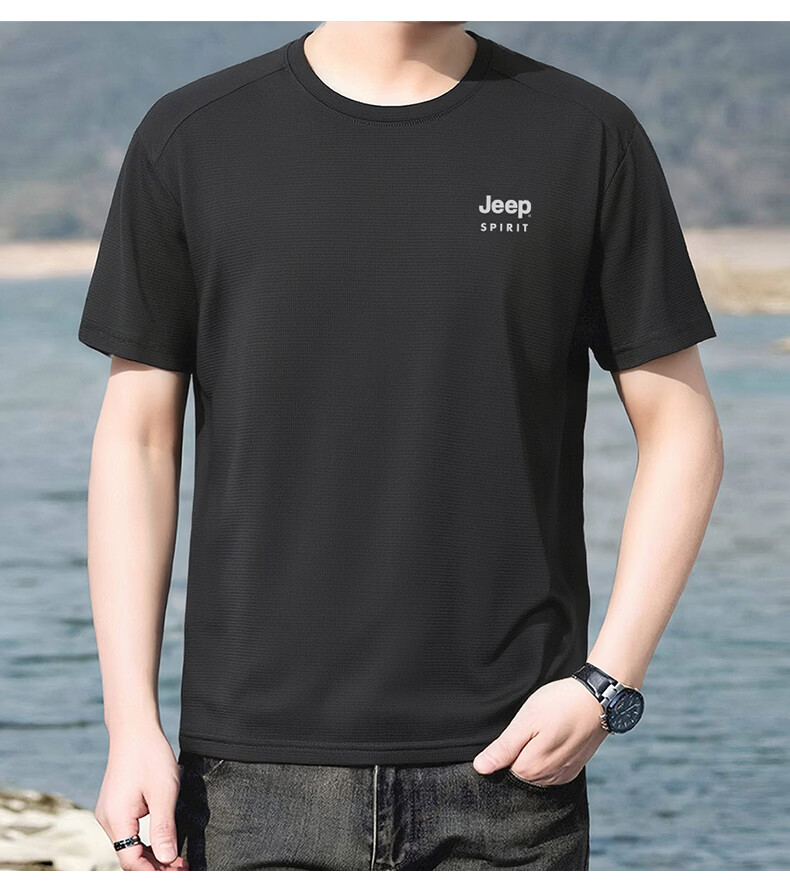 JEEP SPIRIT Men's Summer Ice Silk Quick-Dry Short Sleeve T-Shirt Running Sports Breathable Half Sleeve Top White M 18