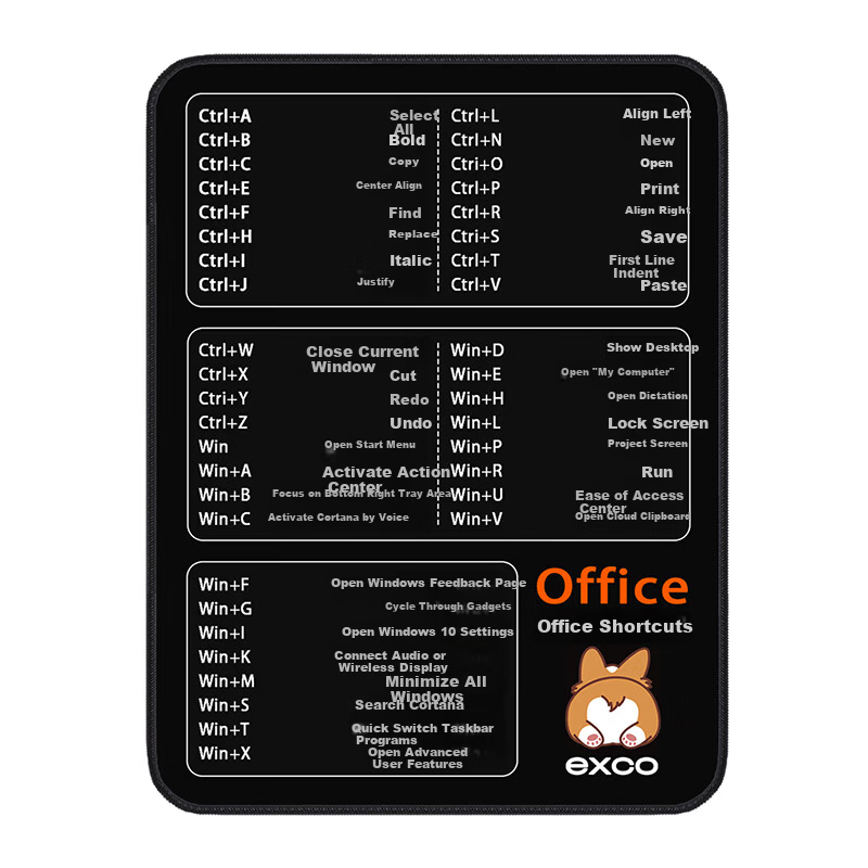 EXCO Office Shortcut Key Mouse Pad Small Desk Mat Laptop Office Software Mouse Pad Edge-Locked Gaming Small Mat 0615