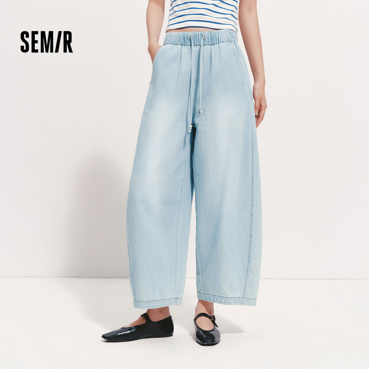 Semir Women's Summer Cotton Elastic Waist Curved Leg Loose Fit Relaxed Nine-Point Jeans 2026 109326124005