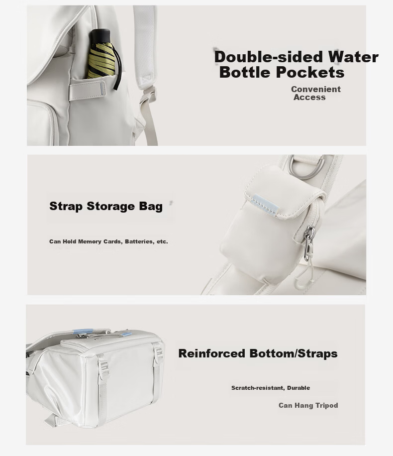 Zhuoer Vitality Series Square Camera Bag Photography Backpack Casual Minimalist Style Top and Bottom Compartments One Camera Two Lenses 15L Pearl White 15