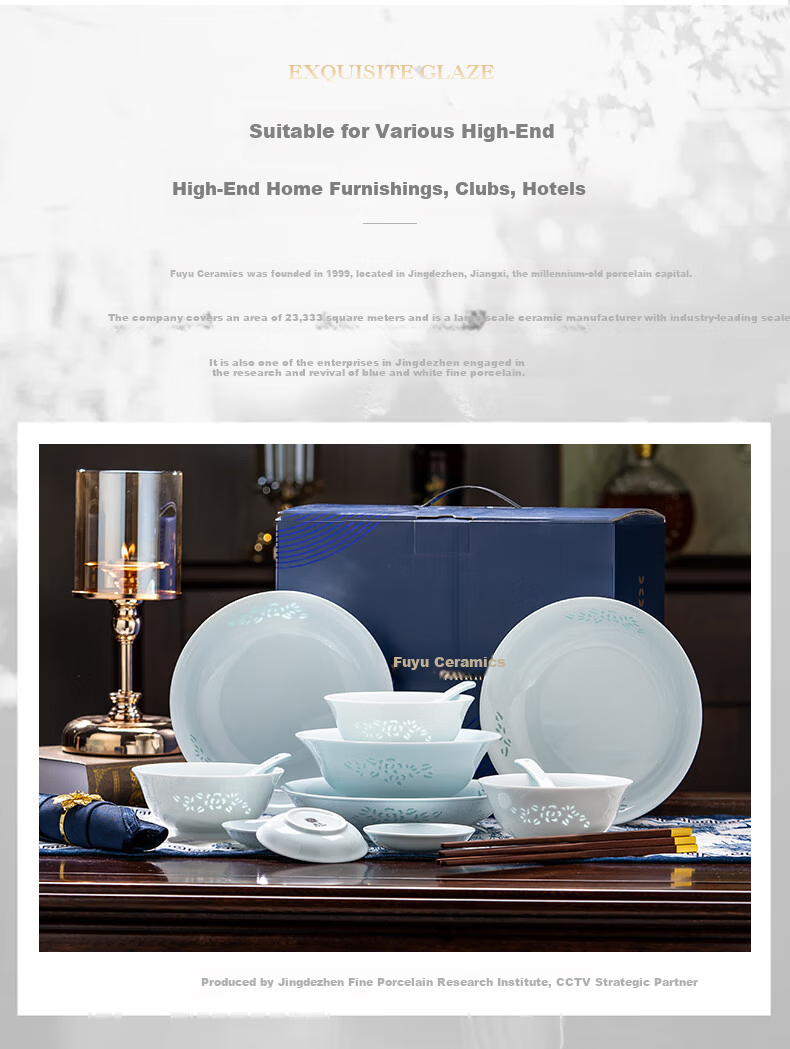 Fuyu Ceramics Jingdezhen Celadon Exquisite Porcelain Dinnerware Set Underglaze Color Bowls and Plates Home Set Gift Qing Celadon Jade Peony 16-Piece 8