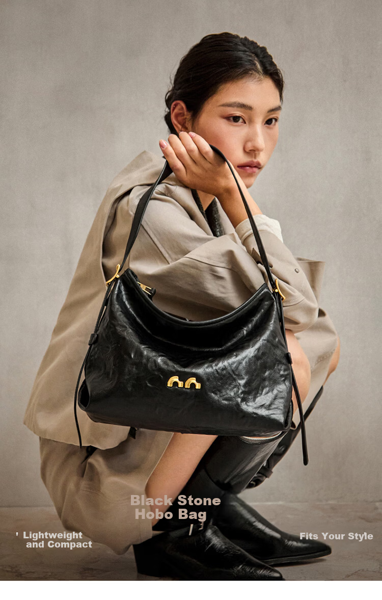 Nalandu [Dong Xuan Same Style] Black Stone Hobo Bag New Cowhide Underarm Shoulder Bag Birthday 38 Goddess Festival Gift 1