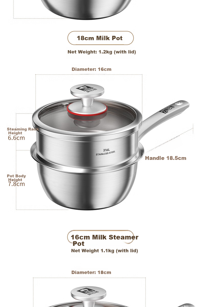 KBH 18cm 316L Stainless Steel Baby Milk Pot with Steamer Basket, Multi-functional Infant Cooking Pan for Boiling and Frying 14