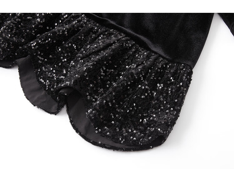 Demana Velvet Glow Black Rose Spring Vintage Modern Round Neck Loose Sequin Ruffle Petite Women's Shirt 13