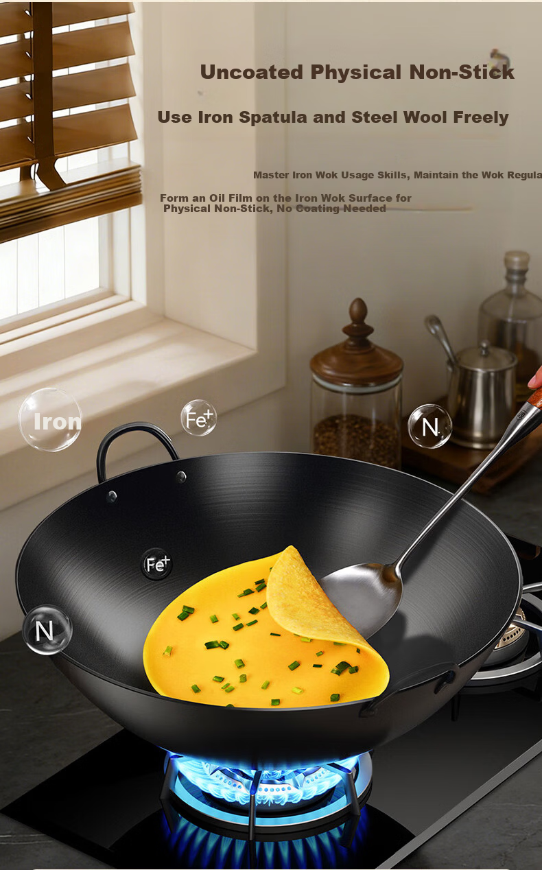 Sacon Commercial Double-Handle Iron Wok Hand-Forged Stir-Fry Pan No Coating Home Cooking Round Bottom Gas Stove 60cm with Lid 6