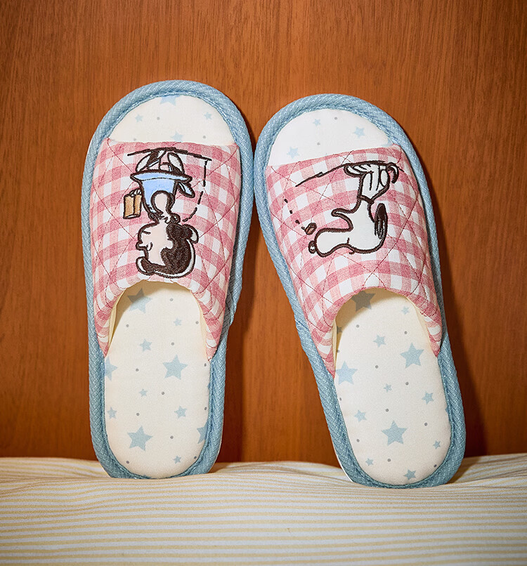 Gukoo Snoopy Plaid Floor Slippers Women's Four-Season Flat Home Slippers Light Burgundy Size 40-41 8