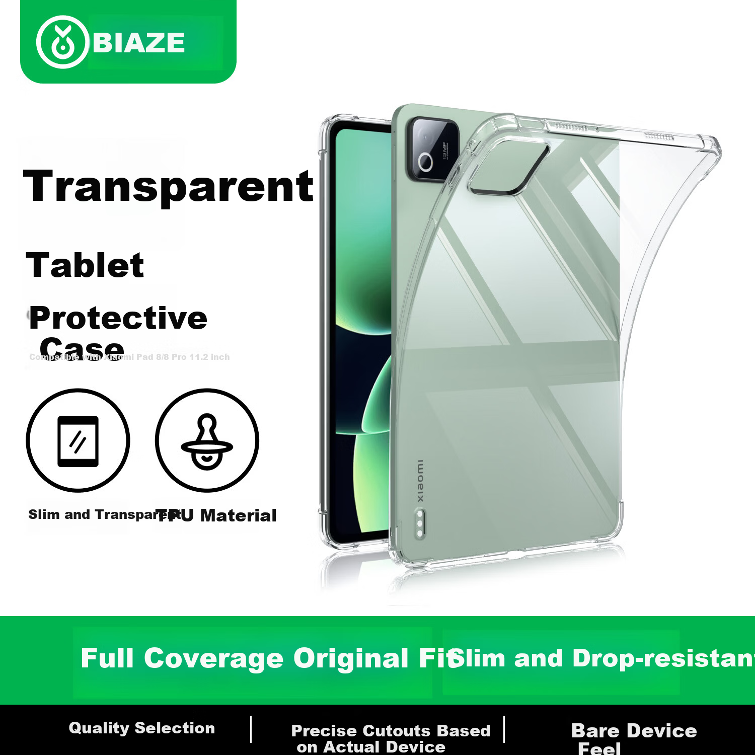 BIAZE Compatible with 2025 Xiaomi Pad 8/8 Pro Case, 11.2-inch Xiaomi Tablet Protective Cover, TPU Material with Four-Corner Airbag Shockproof PB640 - Transparent White