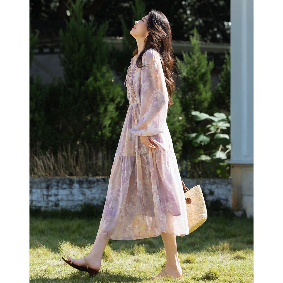 Demana Romantic Chiffon Season Spring French Ruffle Collar Puff Sleeve A-Line Flared Petite Women's Dress