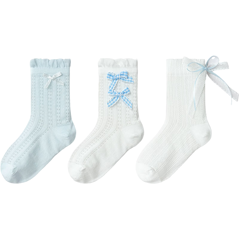 Balabala Kids Summer Mesh Socks Breathable Thin Girls Short Socks Sweet Bow Cotton Stretch 3 Pairs Set