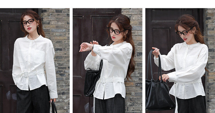 Mt Breathable Cotton-Linen Spring Adjustable Waistband Round Neck Mid-Length Loose Shirt Women's Top 6
