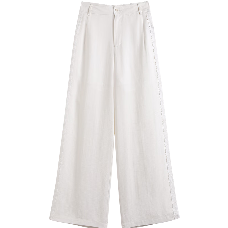 Demana [Linen Lyocell Blend] Spring Artistic Lace Trim Drawstring Straight Loose Slimming Women's Casual Pants