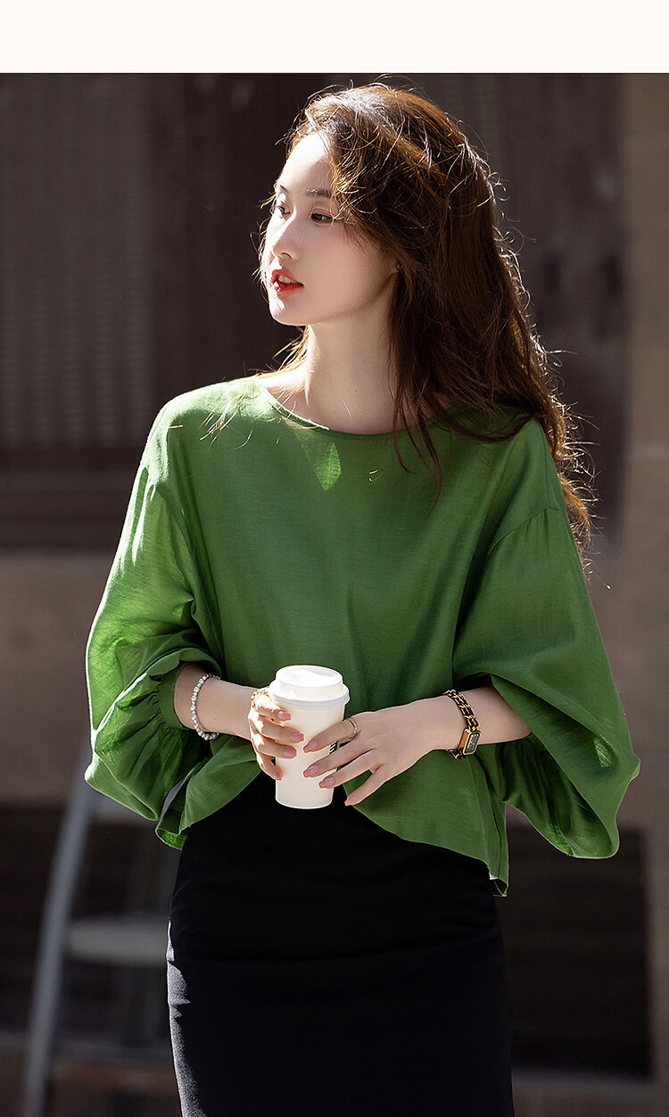 Demana [Shu Yang Pai] Spring and Autumn Acetate Linen Lyocell Blend Lantern Sleeve Straight Loose Shirt for Women 16