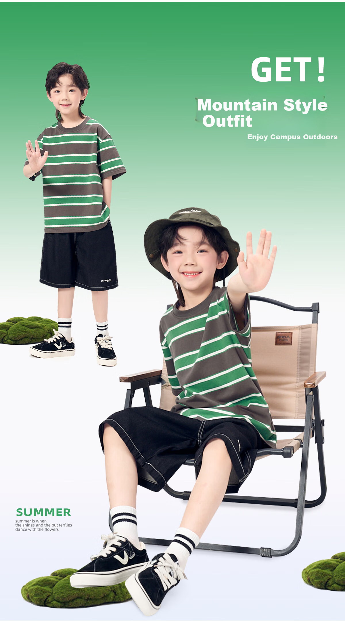 Langsha Autumn New Boys Casual Set Striped T-Shirt Outdoor Cargo Pants Green Gray 160 12