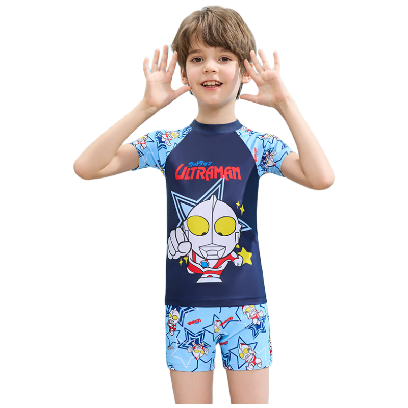 F.DYRAA Classic Ultraman Children's Swimwear, Boys' Two-Piece Swimsuit, Big Kids' Sun Protection Swimwear, Two-Piece Set, 34077MY, Sea Blue, XL