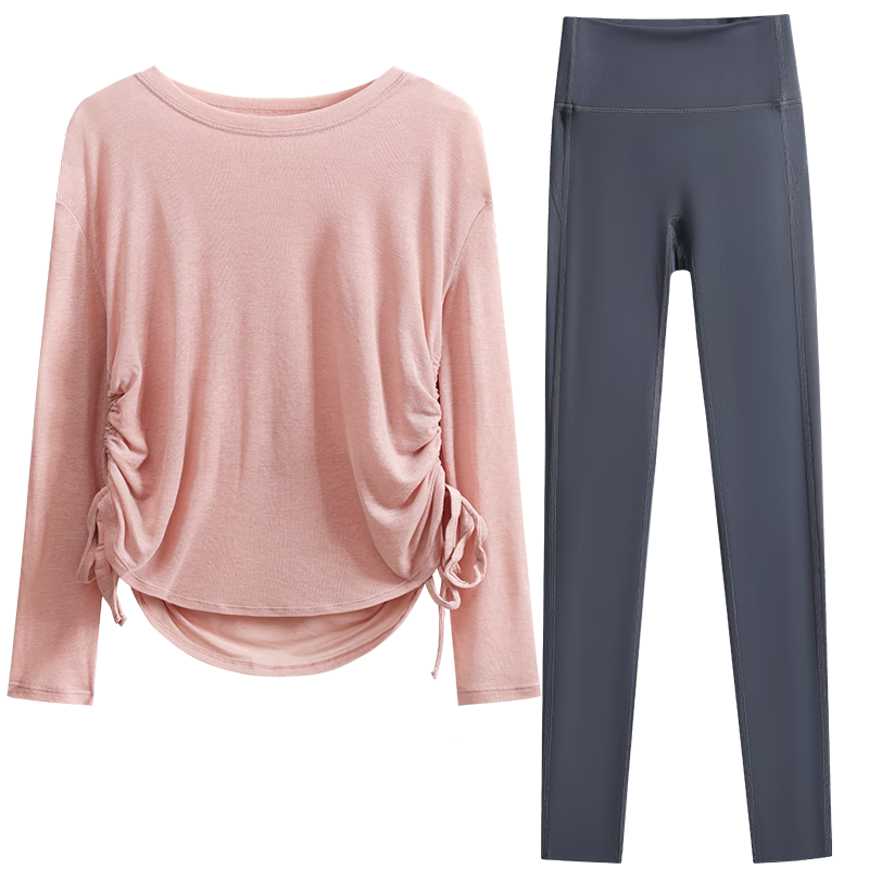DRUR High Elasticity Loose Yoga Set for Women Long Sleeve Yoga T-Shirt Lightweight Quick-Dry Hip-Lifting Fitness Shark Pants