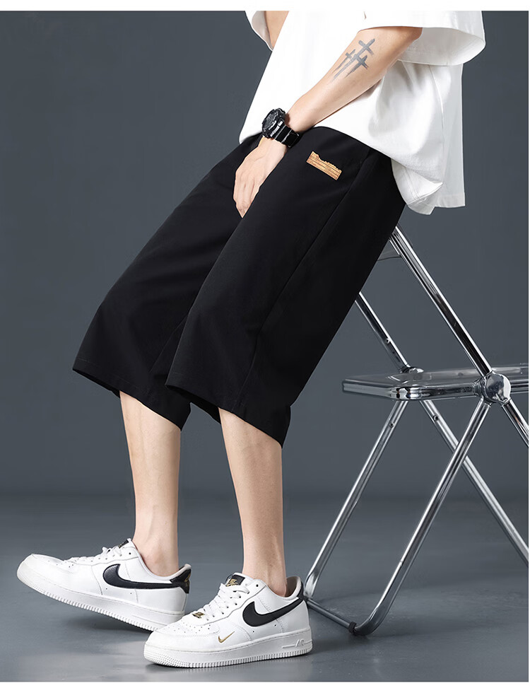 Cotton Casual Men's Loose Sports Trendy Seven-Point Cool Ice Silk Shorts Black XL 11